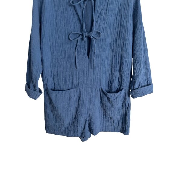 2/$25 ZARA Blue Medium Textured Long Sleeve Romper Double Tie Neck Detail - Picture 9 of 13